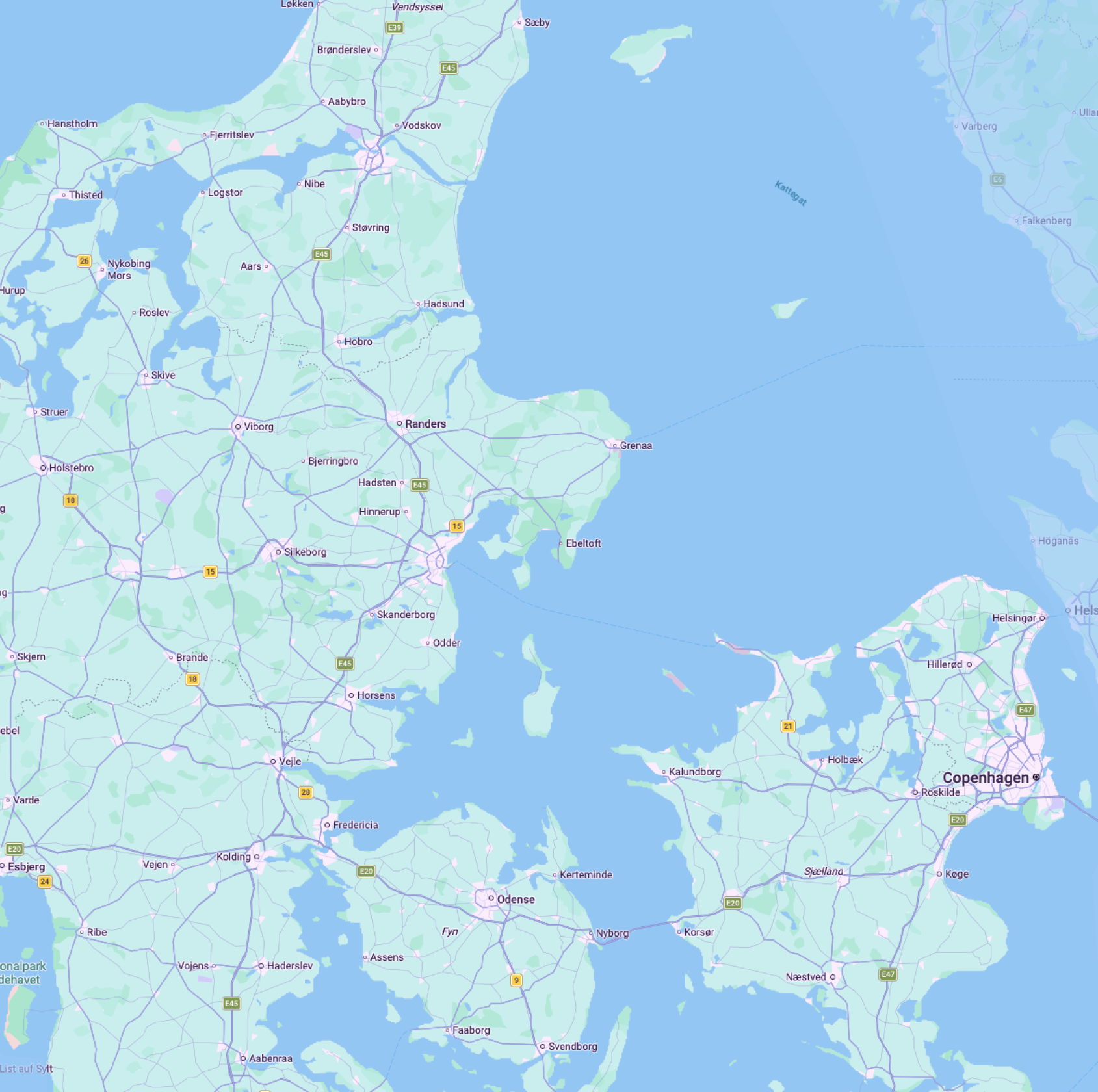 Kort over Danmark med markerede bygninger